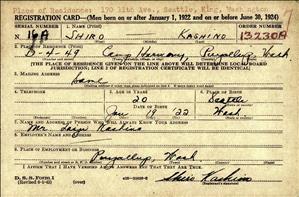 A yellowed, card shaped document with the words Registration Card along the top. The card has bene filled out by hand with names and dates. 