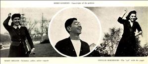 Three photos next to each other. On the left and right are photos of young women holding one hand above their head and smiling. In the middle is a photo of a young Asian man who looks up towards the sky and smiles. Above him the words say Shiro Kashino guard light of the grid iron. 