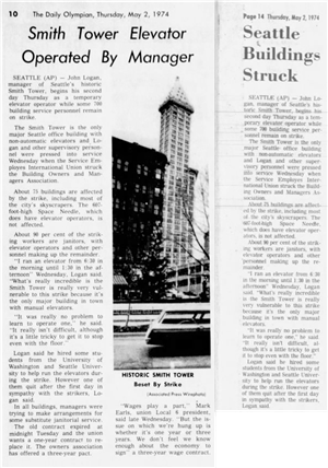 Two headlines above an image of a tall, narrow building with a peaked roof. The headlines says smith tower elevator operated by manager and seattle buildings struc. 