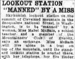 newspaper article about Mabel McBain staffing fire lookout