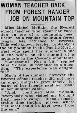 Headline about Mabel McBain returning home from her time at the fire lookout