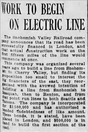 Newspaper clipping announces work has begun on Snohomish Valley Railroad