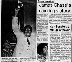 A newspaper headline showing a Black man with a huge smile holding a stuffed bear above his head. The headline reads James Chase's Stunning Victory