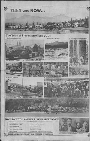 Page of newspaper headlined "Then and Now" above an assortment of black-and-white photos of street and river scenes and people dating from mid-1800s through 1910s captioned at bottom