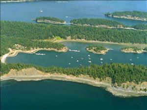 Birds eye view of an island harbor with smaller islands in the harbor. Many small boats at anchor in the harbor. 