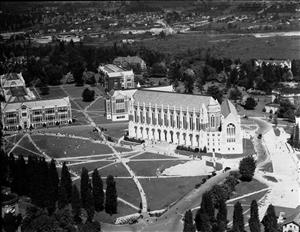 Suzzallo Library aerial view, looking northeast, University of Washington, Seattle, 1937