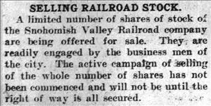 Newspaper clipping announces stocks are for sale for Snohomish Valley Railroad. 