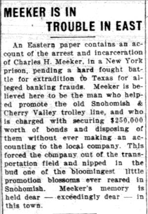 Newspaper clipping announces Charles Meeker is in trouble and in jail. 