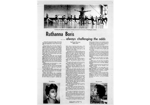 A person stands with their arms outstretched while facing a row of ballet students at the barre. Headline says Ruthanna Boris Always Challenging the Odds. 