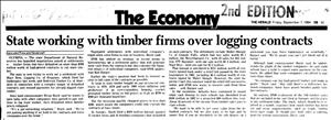 Newspaper headline says State Working With Timber Firms over Logging Contracts.