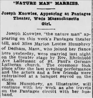 A newspaper clipping announces that Joseph Knowles, the nature man, married Marion Louise Humphrey on stage during a Pantages tour. 