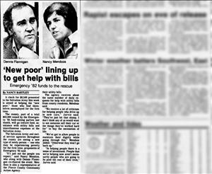 A newspaper clipping shows two people with the captions Dennis Flannigan and Nancy Mendoza and a headline that says new poor lining up to get help with bills. The words new poor are in quotation marks. 