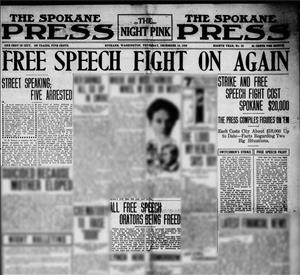 Newspaper clipping with the headline free speech fight on again.