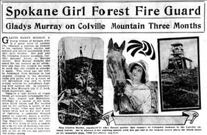 A newspaper clipping shws a woman standing next to a horse and a wooden structure on top of a mountain. The headline says spokane girls forest fire guard. gladys murray on colville mountain three months. 