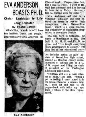 Newspaper clipping says Eva Anderson Boasts PHD above picture of a white woman in glasses.