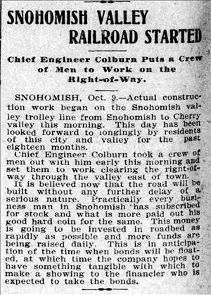 Newspaper clipping announces snohomish valley railroad construction has begun.