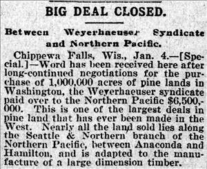 Newspaper clipping about Northern Pacific selling land to Weyerhaeuser. The headline states Big Deal Closed