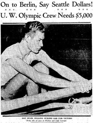 Photograph of Don Hume, Husky Varsity Eight stroke, while rowing, 1936 