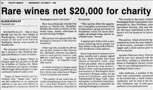 Newspaper clipping with a headline that says Rare Wines Net Twenty Thousand Dollars for Charity.