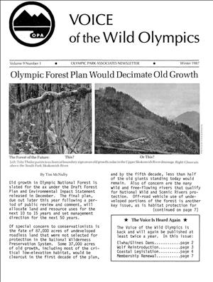 Document with two photos and typewritten text. One photo is a man standing in the forest. Another is a clearcut. The photos are side by side under a headline that says olympic forest plan would decimate old growth. the letterhead on the document is a circle with a line drawing of mountains inside it. 