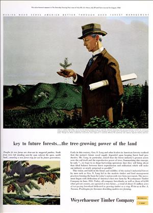 A color brochure featuring a sketch of a man in a hat and suit holding a tree sapling in one hand and a roll of paper under the other arm. Behind him are rolling hills covered in trees. The text below reads key to future forests the tree-growing power of the land. An inset image shows two large birds on an evergreen branch with pine cones. 