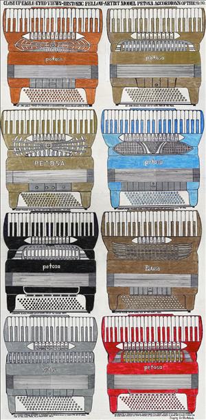 A colorful print of rows of piano accordions