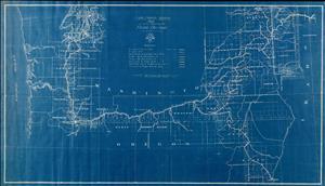 White lines against a blue background meander and split off along names of counties and towns. 