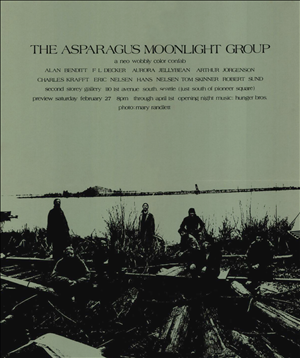 Poster for the first Asparagus Moonlight Group  showing three men standing along bank of Skagit River