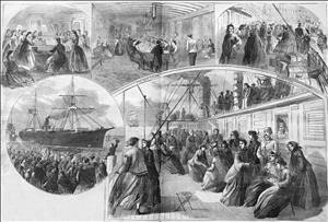 Five panel newspaper illustration of Mercer Girls "The Evening Hymn" "The Main Saloon" "Embarking" "The Departure" "On Deck"