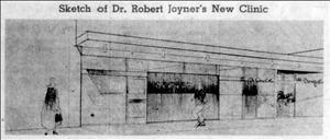 Architect's sketch of clinic storefront with figures walking on the sidewalk