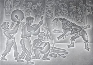 A black and white charcoal drawing of three men beating on large hand drums around a fire while a costumed figure dances while a crowd watches in the background