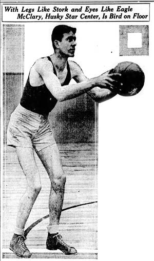 McClary in shorts and a tank top with arms outstretched holding a basketball on the court under a headline reading "With legs like a stork and eyes like eagle, McClary, Husky star center, is bird on the floor"