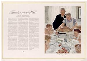 A spread with three columns of text on the left hand side and a painting of a woman setting a cooked turkey down on a dinner table that is filled with people on the right hand side
