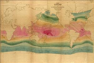 Map of the world highlighted in contoured bands of color reading "Chart of the World, showing the tracks of the U.S. Exploring Expedition in 1938, 39, 40, 44, and 42, Charles Wilkes Esq. Commander"