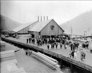 Large group of families and children on a platform outside of a long lumber mill with children holding an American flag in the foreground, with text on the bottom of the image reading "Picket Photo Company 3038"
