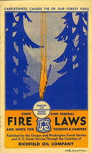 Poster depicting a flaming match dropping in a blue forested scene with the title "State and Federal Fire Laws and Hints for Tourists and Campers"