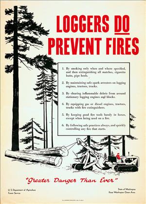 Poster of a tractor pulling felled timber with the text "Loggers do prevent fires... Greater danger than ever"