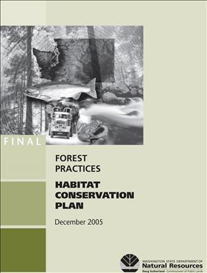 A document cover with images of a fish, tree rings, and a log truck collaged together. Under the image the text says Final Forest Practices Habitat Conservation Plan. 