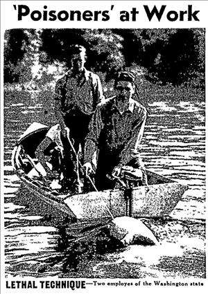 Two young adults in a row boat dragging a bag through the water with headline text reading "Poisoners at work, Lethal Technique - Two employees of Washington State"