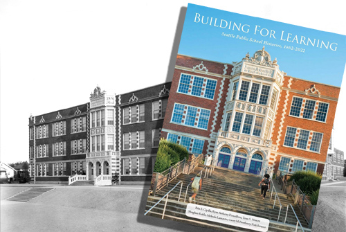 School building and book cover