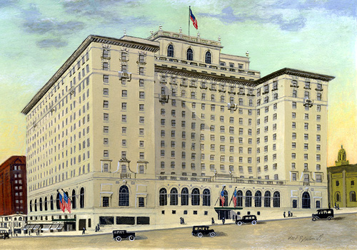 A painting of a large white 1920s era hotel building that is at least 12 stories tall. Old fashioned black cars on the road in front of the hotel. 