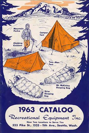 Blue and orange sketches of camping gear between trees at the foot of a mountain peak. 