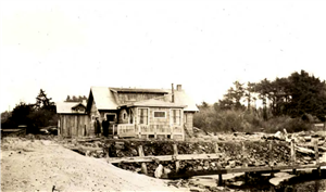 A man and a woman stand beside a dilapidated wooden house next to a beach that is covered in driftwood.