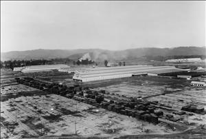 Bird's eye view of long wooden factory buildings, smokestacks, and stacks of milled lumber. 