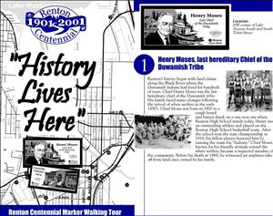 Blue and white document with the heading history lives here handwritten over a map. One photo in the document shows a large group of indigenous people sitting in a semi circle. Another photo shows a small basketball team. The text above those photos says henry moses the last hereditary chief of the duwamish tribe. 
