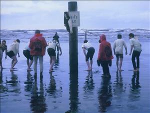 A row of people with their backs to the camera crouch to run in their bare feet towards the ocean on a foggy, rainy beach. 