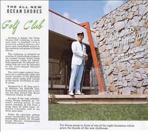 A man in golf shoes, light blue slacks, a white blazer, and a baseball cap poses with a golf club in front of a mid century building. The text says The All New Ocean Shores Golf Club