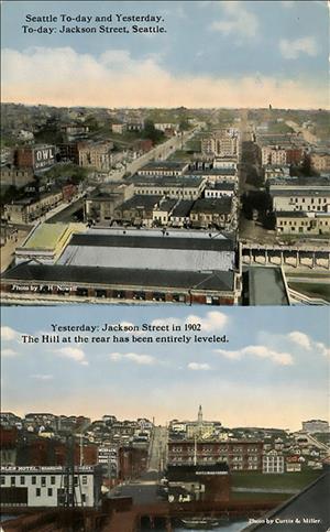 Two images stacked vertically both showing a long street with commercial buildings on either side. In the image on the bottom the same street is much steeper