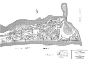 A black and white line drawn map showing roads on a peninsula with a beach on the Pacific Ocean. 