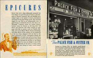 Two pages of a brochure advertising the Palace Fish and Oyster company to connoisseurs of seafood